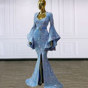 Mangas compridas Bling azul sereia vestido de noite 2022 meerjungfrau abendkleid lantejoulas com fenda caftan árabe vestidos de festa vestidos