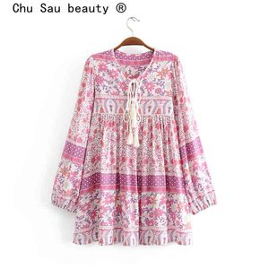 Chu Sau Beauty Boho花柄プリントドレス女性ホリデーファッション弓タッセルミニドレス女性美しいビーチウェア210508