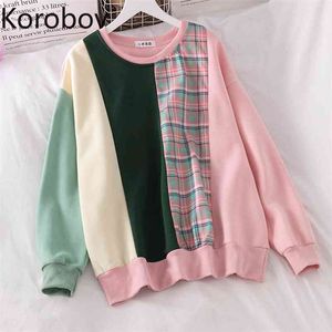 Korobov koreanska söta streetwear hit color patchwork kvinnor hoodies ny chic höst långärmad pläd tröjor hoodie 210430