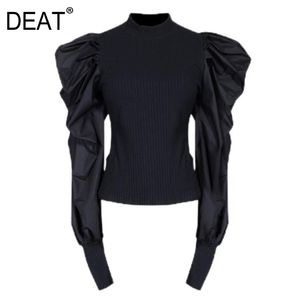 [DEAT] Höst Turltneck Puff Sleeves Stickning Pullover Elastiska Kvinnor Mode T Shirt Knits Top Kvinna W010207L 210428