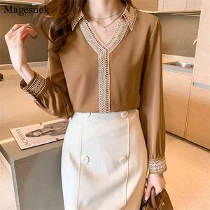 Spring V-Neck Solid Satin Silk Shirt Women Chic Hollow Embroidery Blouse Long Sleeve Plus Size Ladies Tops 13094 210512