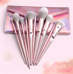 10Pcs/set Pink Makeup Brushes Professional Handle Fingerprint Brush Set Blush Eye Shadow Cosmetic tools with Beauty bag free ship 3