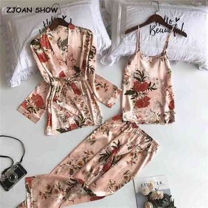 Floral Print Satin Short Shirt Camis Piżama Garnitury Elastyczna Talia Szerokie Spodnie Nogi Kobiety Loose Długi Rękaw Bluzka Topy 3 sztuki Zestaw 210429