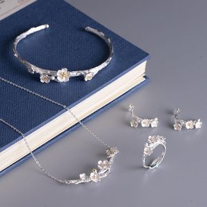 925 Sterling Silver Fashion Sakura Plum Blossom Flower Jewelry Set Necklace Earrings Ring Bracelet For Women Gift