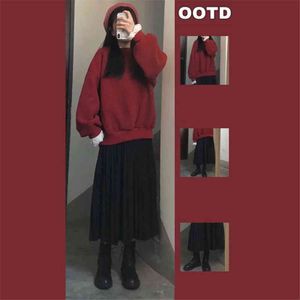 Kawaii 2 teile/satz Rot Spitze Splice Rüschen Lammwolle Pullover Pullover + Schwarz High-Taille Stricken Falten Rock Frauen Winter warme Anzug 211119