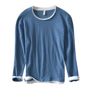 Langarm-T-Shirts für Männer Oansatz 100% reine Baumwolle Tops T-Shirts Männlich Casual Wild Patchwork Herrenbekleidung 210601