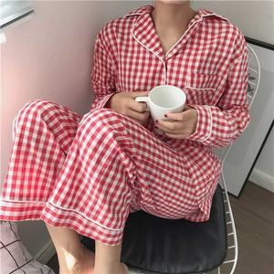 Плед корейской клетки напечатаны Pajamas набор для женщин Осень 2 шт. Костюм повседневные Свободные мягкие пижама дышащие носимые носители домашняя одежда 21112