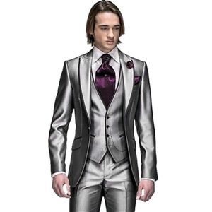 Nowy styl One Button Shiny Srebrny Grey Groom Tuxedos Groomsmen Męskie Garnitury Ślubne Najlepsze garnitury (kurtka + spodnie + kamizelka + krawat) x0909