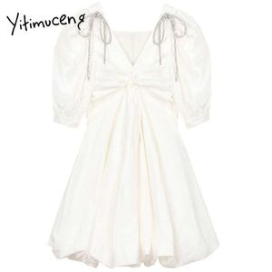 Yitimuceng Zipper Dresses Women A-Line Mini Solid White Summer Puff Sleeve V-Neck Short Sleeve Zipper Clothes Office Lady 210601