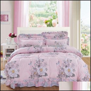 Set di biancheria da letto Forniture Tessili per la casa Fiore da giardino 100% Queen King Lace Cotton 4Pc Set Quilt Er Federa Lenzuolo piatto Copriletti El Bedc