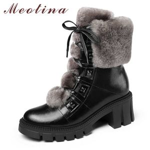 Meotina Genuine Leather Woman Boots High Heel Ankle Boots Platform Block Heel Short Boots Lace Up Female Shoes Winter Black 40 210608