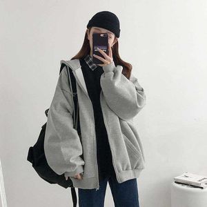 Harajuku Korean Version Loose Thin Long-sleeved Hooded Sun Protection Coat Retro Student Girl Top Women Hoodie Zipper Sweatshirt Y0820