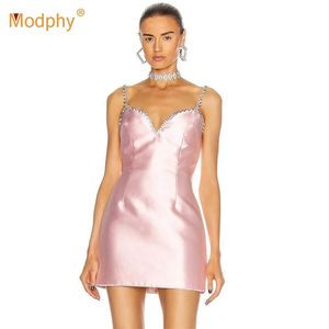 Roze elegante damesjurk sexy mouwloze diamant slanke beroemdheid avondfeest uitgevoerd mini vestidos 210527