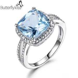 Klaster pierścienie BK Real Sterling Silver Topaz Dla Kobiet Dziewczyna Cyrkon Cyrkon Niebo Niebieska Kamień Obietnica Biżuteria