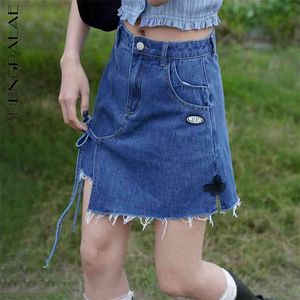 Oregelbunden spets upp hög midja kjol Kvinnors sommar fjäril Mini Streetwear Denim Kvinna Tide 5e273 210427