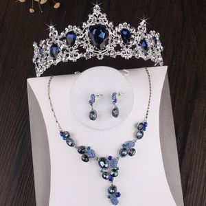 Baroque Luxury Silver Plated Blue Crystal Bridal Jewelry Sets Necklace Earring Tiara Crown Set Wedding African Beads Jewelry Set