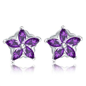 Sterling Silver Earrings Stud Purple Crystal Flower Zircon Diamond Earring for Women Anniversary Gift K White Gold Plated