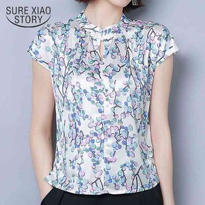 Spring Summer Style Silk Short Sleeve Floral Blouse Women Plus Size Printed Pullover Ladies Shirt Slimming Shirt Blusas 8681 210528