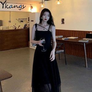 Japanese Harajuku Women Streetwear Irregular Sundress Suspenders Gothic Punk Black Bandage Dress Sleeveless Slim Mesh Tank Dress 210619