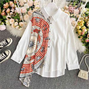 Casual Frühling Sommer frauen Print Bluse Drehen Unten Hals Langarm Lose Unregelmäßige Fashon Weibliche 210520