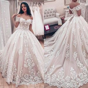 2021 Arabic Sexy Champagne Ball Gown Wedding Dresses Formal Bridal Gowns Off Shoulder Lace Appliques Beads Short Sleeves Corset Back Court Train Tulle