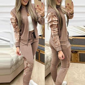 Patchwork Paillettes Tuta da donna Cerniera Cappotto a maniche lunghe Pantaloni con coulisse Pantaloni sportivi da donna Completi da donna di moda sottile 210930