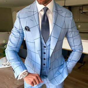 Trzyczęściowe mężczyźni Suits Business Casual Tuxedos Blue Plaid Slim Fit Groom Party Prezent