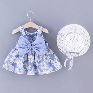 2021 Yeni Moda Bebek Kız Elbise Prenses Giyim Sevimli 2 adet Set Parti Pamuk Çiçek Çocuk Yay Şapka Kolsuz Tatlı 1-3Y Q0716