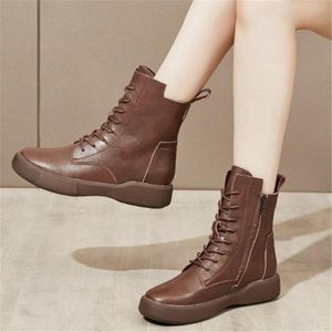 Botlar Oxfords Ayakkabı Kadın Deri Yuvarlak Ayak Bileği Askeri Düşük Düz Topuk Lace Up Rahat Konfor 34 35 37 38 39 40