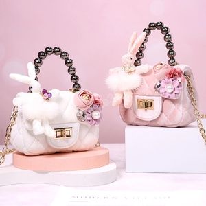 Fashion Kids Purses and Handbags for Girl Pearl Chain Velvet Princess Messenger Bags Children Dress Up Accessories Rabbit Doll