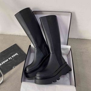 SANDRA JRR 2021 Autumn Leather Boot Under Knee Length Long Booties Med Heel Platform Round Toe Motor Boots Y1125