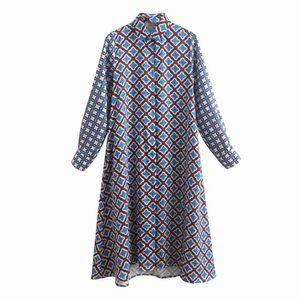 Women Summer Vintage Print Dress Long Sleeve Turn-down Collar Buttons es Female Elegant Straight Shirts vestidos 210513