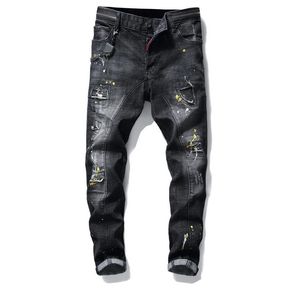 Men Badge Rips Stretch Black Jeans Men's Fashion Slim Fit Washed Motocycle Denim Pants Panelled Hip HOP Trousers 10200