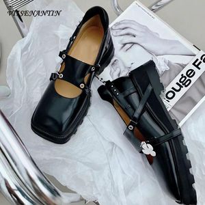 Dress Shoes Spring And Summer Square-toe Thick-soled Mary Jane Women's Retro Leather Pendant Japanese Thick-heeled