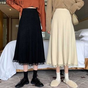 WERUERUYU Thick Women Pleated Skirts Elastic High Waist Knitted Sweater Skirts Autumn Winter Long A Line Midi Black Skirt 210608