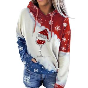 Women's Hoodies & Sweatshirts Hooded Long Sleeve Pullover Sweatshirt Merry Christmas Letter Print Red Wine Glass Patchwork Women Hoodie Fest