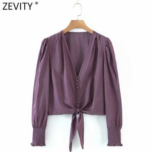 Zevity Women Vintage Vネックシングルブレストヘムナンキングショートシャツ女性パフスリーブブラウスRoupasシックな化学TOPS LS9092 210603