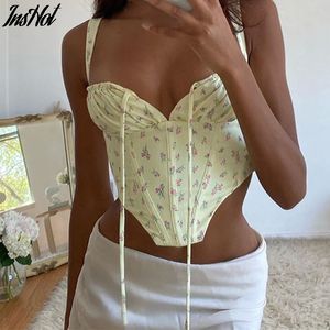Sexy Floral Print Tunika Kobieta Crop Top Kobiety Camisole Lato Ruched Lace Up Streetwear Tank Top Damis Camis Vest Zipper 210514