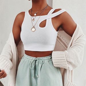 Artsu SleevelSummer White Womens Tank Top Bandage Hollow Out Ribbed Crop Tops Tees Fashion FitnVest Sporting Cotton Tops X0507