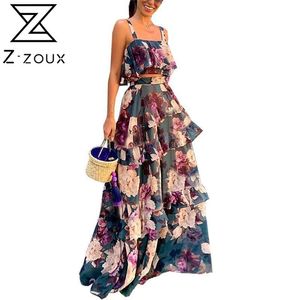 Mulheres vestido temperamento floral colheita superior com lótus impresso saia longa 2 peice conjunto de duas peças verão 210513
