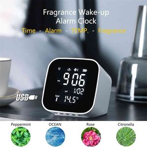 Fragrance Wake-up väckarklocka för sovrum Multifunktionell temperatur Display Essential Olje diffuser 12 / 24h Snooze USB Laddare 210804
