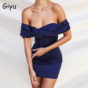 Giyuセクシーなクラブパーティーサテンドレス女性サマーオフショルダージッパースリムボディコンミニドレスエレガントなバックレスサンドレスローブ210325