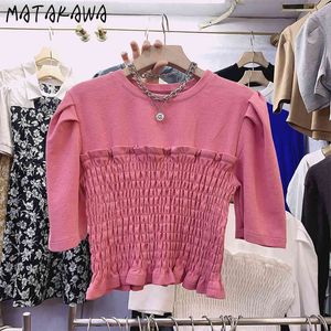 マタカワ弾性スリムフィット女性Tシャツ菌ステッチパフスリーブトップス半袖Tシャツ女性のショートTシャツ210513