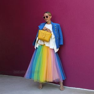 Patchwork Colorful Tiered A-Line Tulle Skirt Ankle-Length Zipper Back Women High Street Skirts Custom Made Formal Party Wear