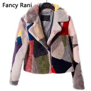 Riktiga päls fårskinnrockar för kvinnor vinter mode ullrock kvinnlig varm utkläder patchwork sheep shearing jacka 210910