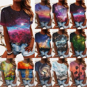 Casual Top Women T Shirt Sexig rund halslös Kortärmad Enkelhet Ärm Blommor Blommor Tryck Piping Träd Starry Sky Bekväma andningsbara 11 färger WMD