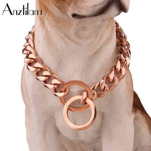 12mm högkvalitativa starka metallhundkrafter Rostfritt stål Rose Gold Cuban Chain Pet Training Choker Collar för stora hundar