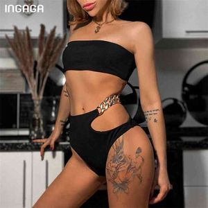 Ingaga Bandeau Bikinis Wysoka talia Damskie stroje kąpielowe BRIPBED Swimwear Wytnij Biquini Sexy Łańcuch Garnitury Bikini Set 210629