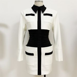 High Street Est stilig designer klänning Kvinnors axelfickor Färgblock Smocked Waist Patchwork Mini 210521