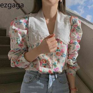 Ezgaga Coreano Chic Dolce Donna Camicetta Primavera Stampato Floreale Colorato Camicie Femminili Colletto Peter Pan Allentato Tutto-Fiammifero Elegante Top 210430